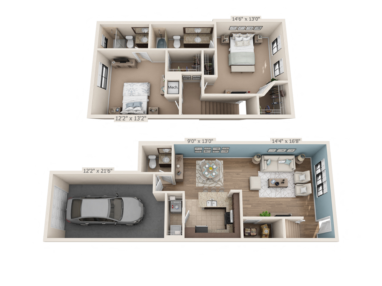 Floor plan for 2 beds, 2.5 baths, 1290 sqft